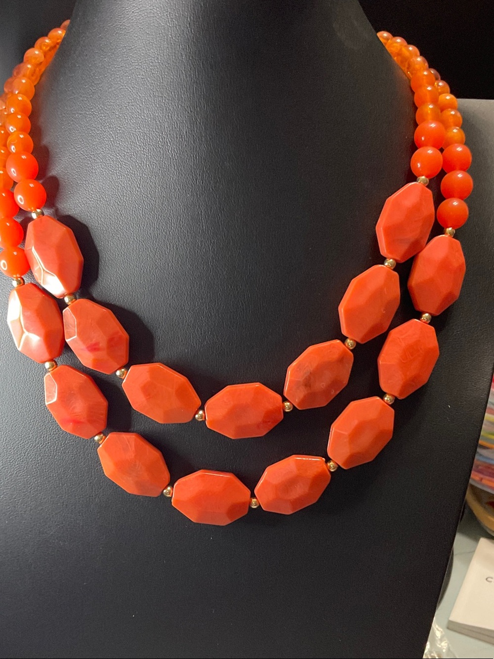 Three-Strand Orange Faceted Bead Necklace - Bold Statement with matching earring
